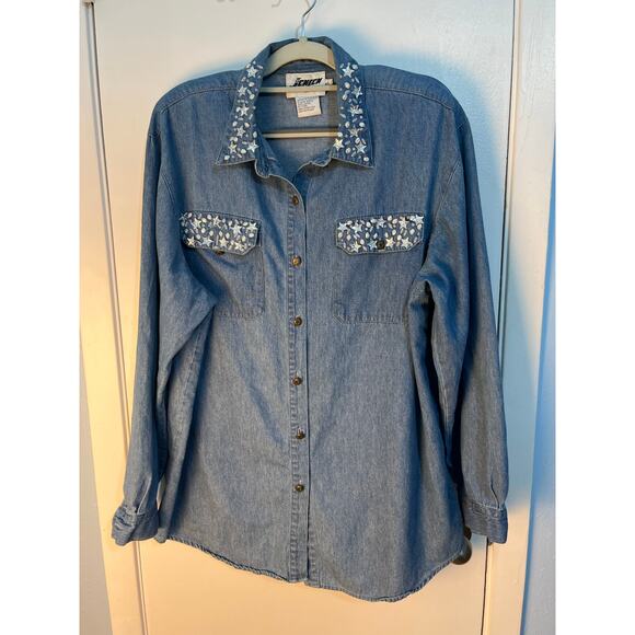 VTG Jenjen by Darian Denim Star Beaded Blouse XL Western Rodeo 80s Cowgirl - Picture 1 of 7